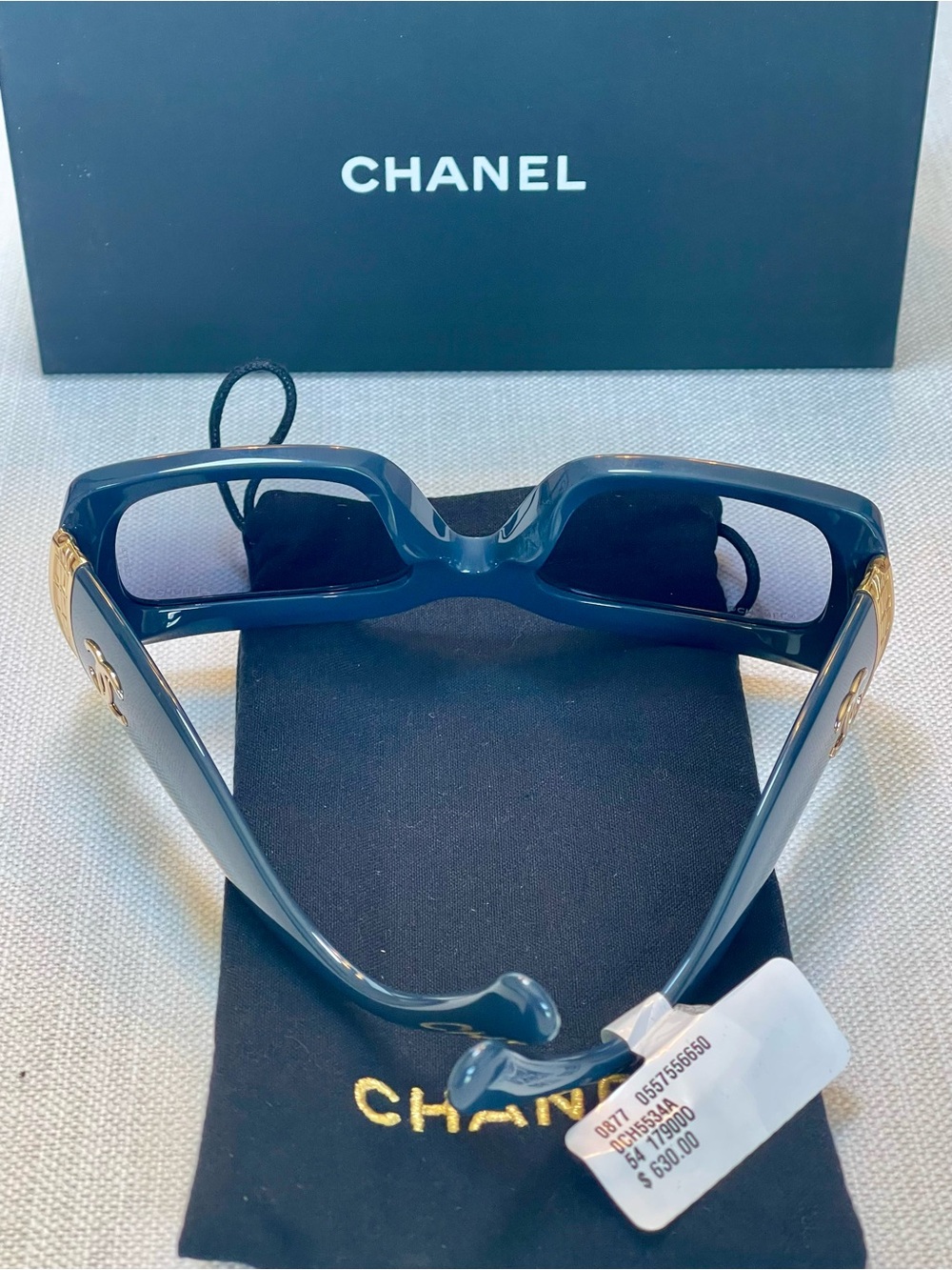 NWT CHANEL PETROL BLUE FRAME GOLD JEWEL METAL WEAVE ACCENTS CH553A FULL SET COA - Picture 8 of 17